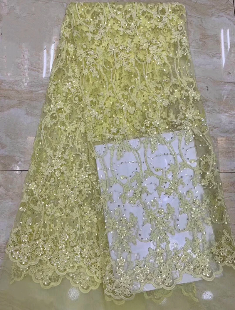 

Free shipping (5yards/pc) high quality yellow African tulle lace fabric with delicate embroidery and sequins for party FZZ104