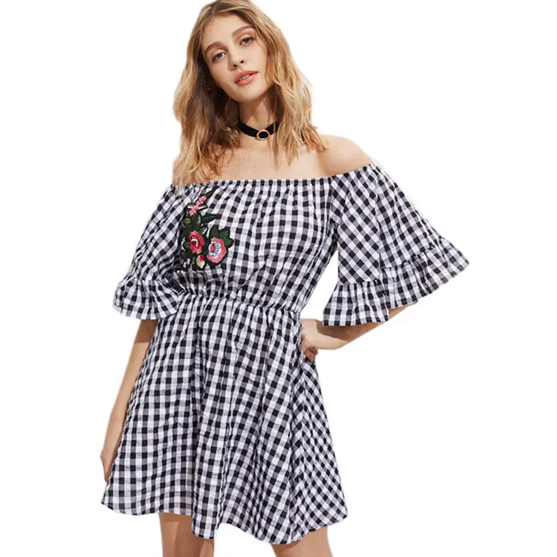 Casual Slash Neck Plaid Mini Dresses Women Sexy Flare Sleeve Embroidery A-line Loose Dress Summer Ladies Elegant Fashion Dress Casual Slash Neck Plaid Mini Dresses Women Sexy Flare Sleeve Embroidery A-line Loose Dress Summer Ladies Elegant Fashion Dress