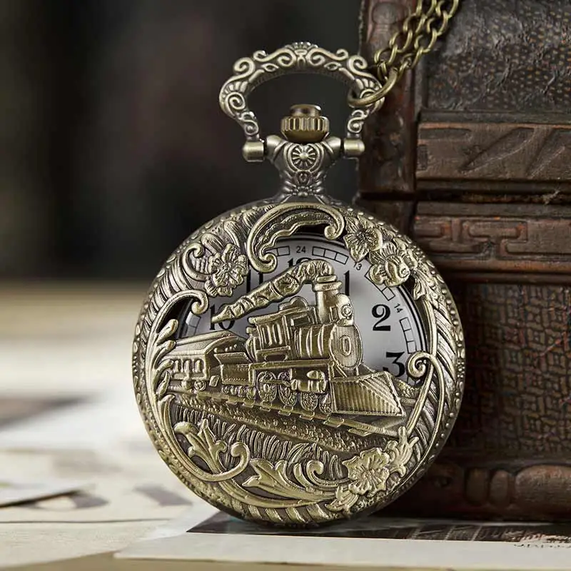 

Retro Train Front Locomotive Engine Design Quartz Pocket Watch Vintage Bronze Necklace Pendant With FOB Chain Mens Womens Gifts