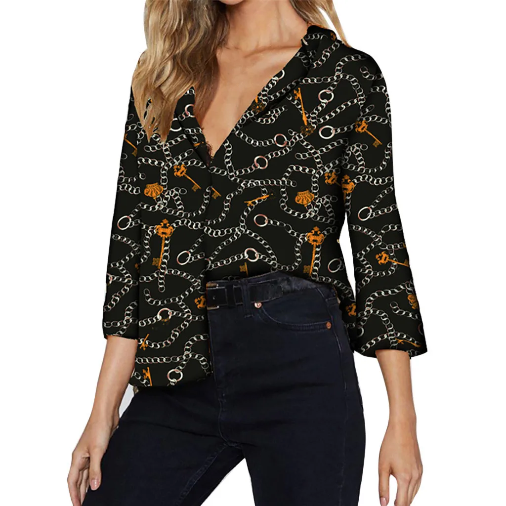 

CHAMSGEND Fashion Womens Casual Blouse Tops Summer V-Neck Three Quarter Chiffon Printed Shirt Simple Solid Chiffon Tops Fe19