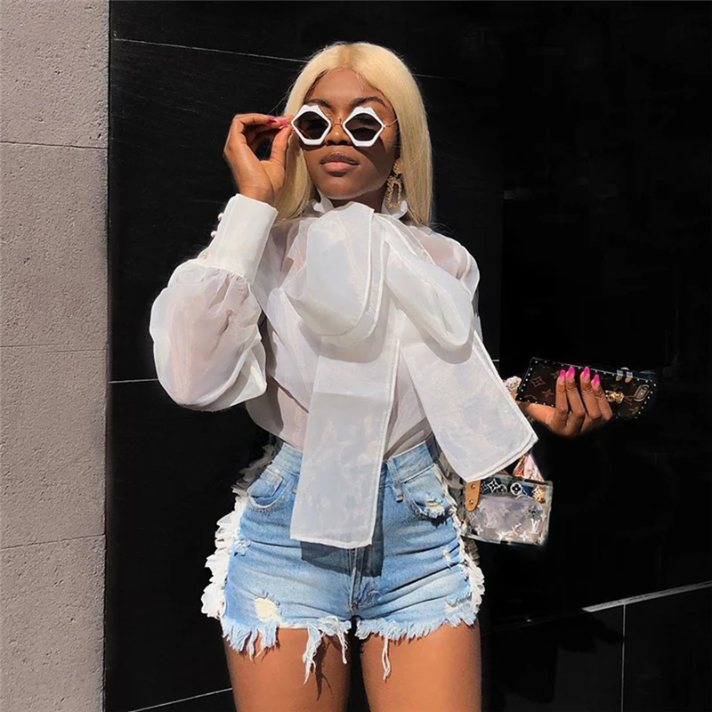 

New Women's Bow Collar Mesh Sheer Blouse Long Puff Sleeve Chiffion Shirt Ladies Casual Transparent Womens Tops and Blouse Summer