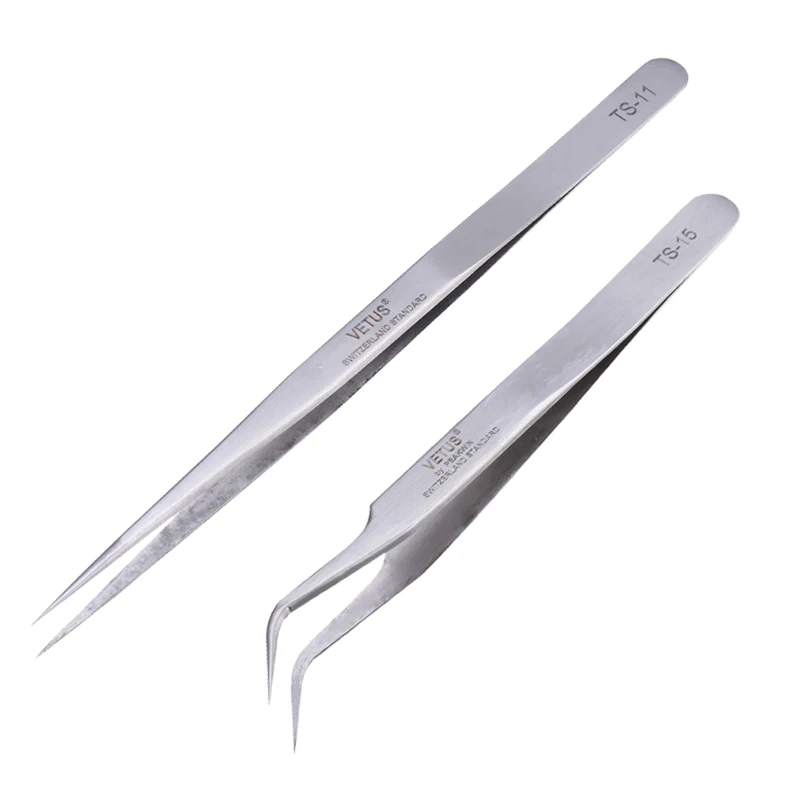 High Precision Tweezers Pinzette Forceps Stainless Steel Curved Straight VETUS Tweezer TS-11 TS-15 afbeelding