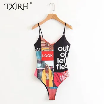 

TXJRH Sexy Colorful Character Photo Letter Print Deep V-Neck Spaghetti Strap Skinny fit Romper Body Siamese Bodysuit Undershirt Women Sling Playsuits