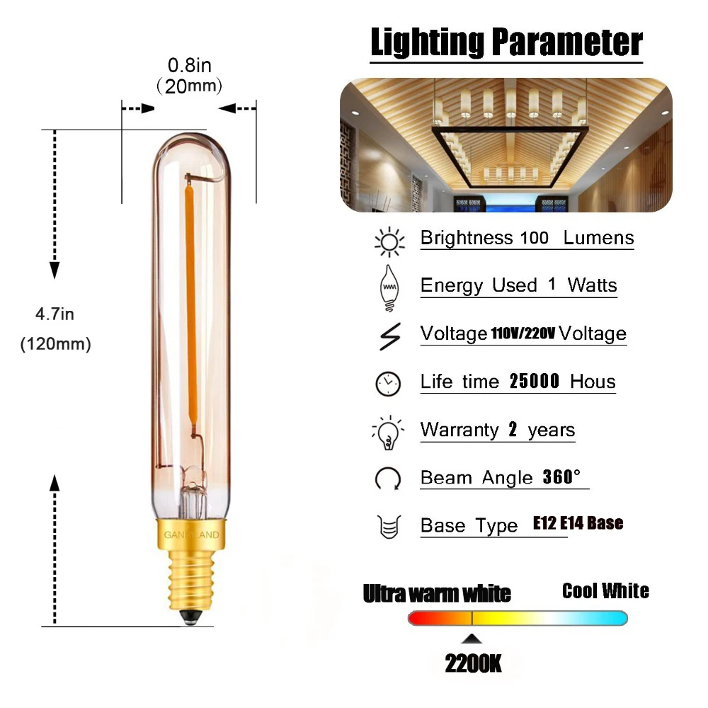 Ganriland T20 трубчатые лампы Ретро светодио дный длинные нити Amber Стекло лампа 1 Вт 2200 К E12 110 В E14 220 В люстра подвесной светильник затемнения