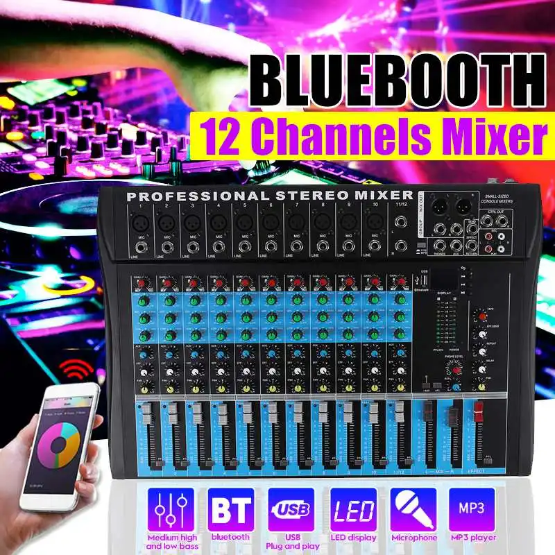 

12 Channel bluetooth USB Digital Microphone Sound Mixer Console Professional Karaoke Audio Mixer Amplifier KTV Sound Mixer