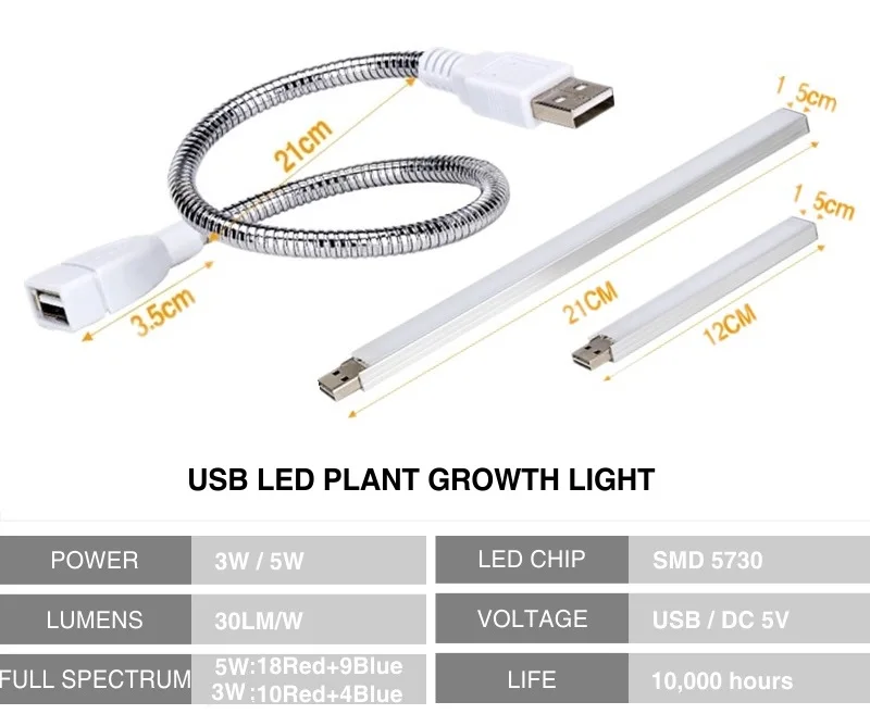 DC 5 в USB светодиодный светильник для выращивания растений 3 Вт 5 Вт полный спектр Красный Синий 360 градусов гибкий шланг Фито Лампа цветок Vegs растений лампа для роста