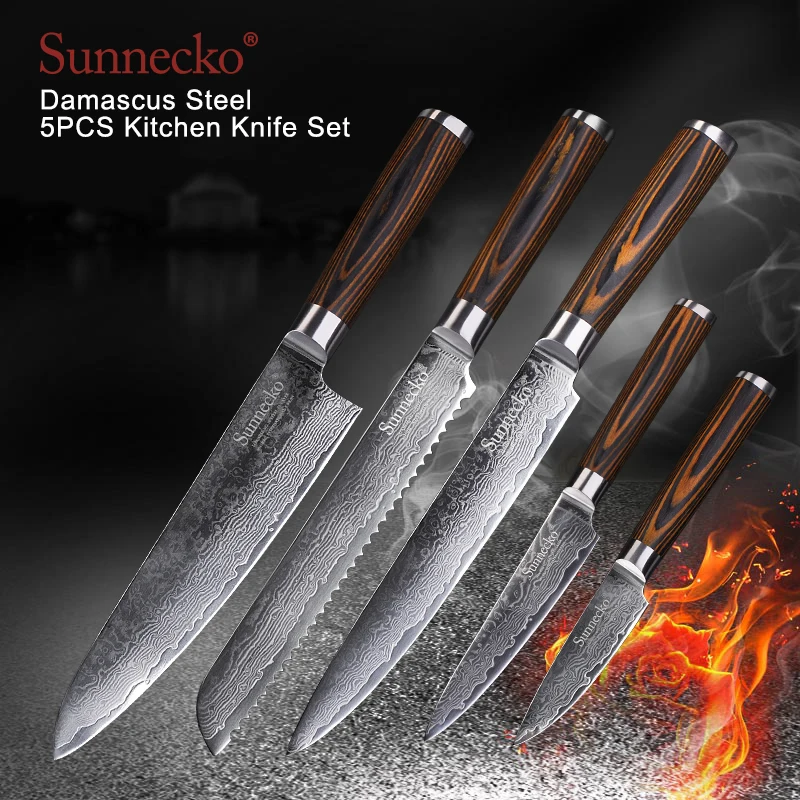 

SUNNECKO 5PCS Kitchen Knives Set Damascus Steel Utility Paring Chef Knife Japanese VG10 Pakka Wood Handle Slicing Santoku Knives