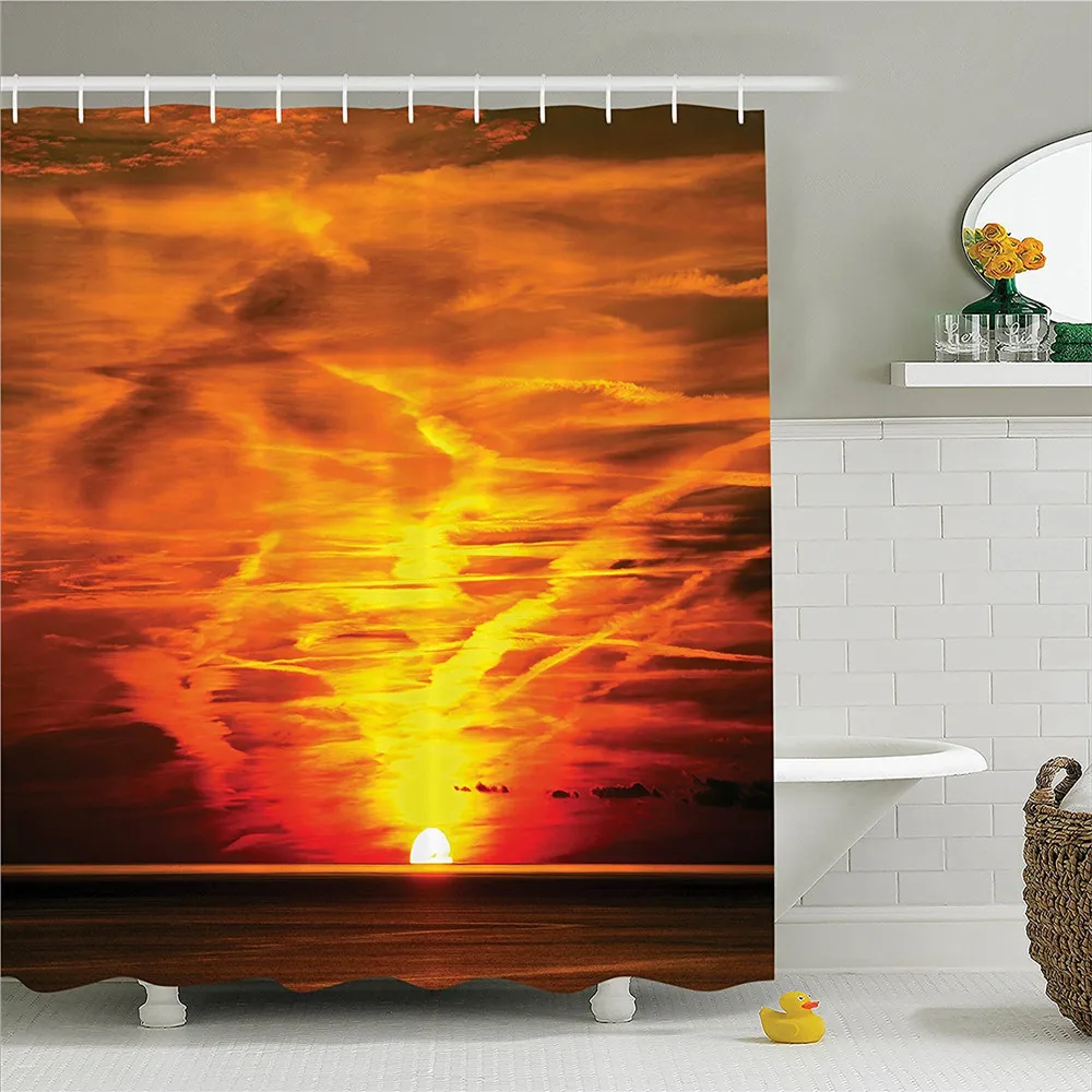 Apartment Decor Shower Curtain Set Sunset Over The Sea Golden Horizon Sailing Outdoors Dusk Nature Design Mediterranean Bathroom | Дом и сад