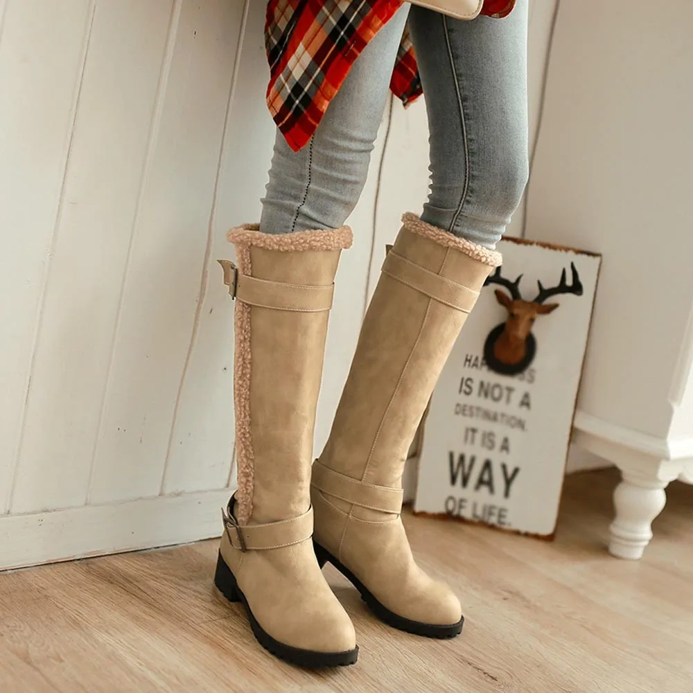 Motorcycle Boots Suede For Women Winter Boot Long Tube Stylish Mid Heels Warm Fur Knee-High Shoes Buckle Strap Riding Botas