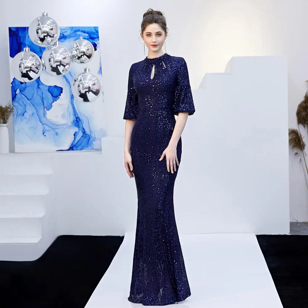 Navy Blue Sequined O Neck Mermaid Evening Dresses 2020 Half Sleeves Hollow Cut-Out Long Prom Formal Dress Party Gowns LF457 | Свадьбы и