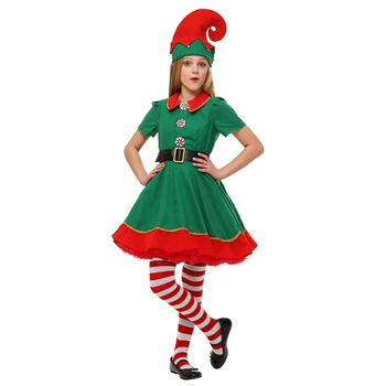 

Cute Girls Halloween Costume Short Sleeves Red Green Christmas Costumes Elf Dress Hat + Belt 3PCS Halloween Clothing Holiday