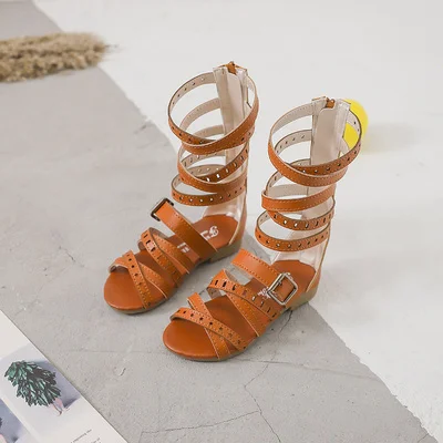 Сандалии для девочек; Новинка года; летние сандалии в римском стиле с открытым носком; модельные сандалии с высоким голенищем; нескользящая детская обувь - Цвет: picture color