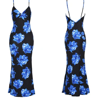 

Sexy Summer Women Dress 2019 New Spaghetti Strap V Neck Foral Print Slim Bandage Bodycon Evening Party Vintage Ladies Long Dress