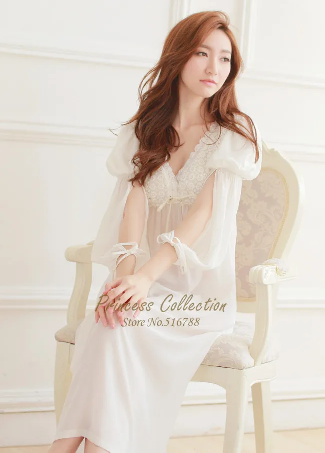 Бесплатная доставка 100% Хлопковая пижама принцессы длинная белая ночная рубашка