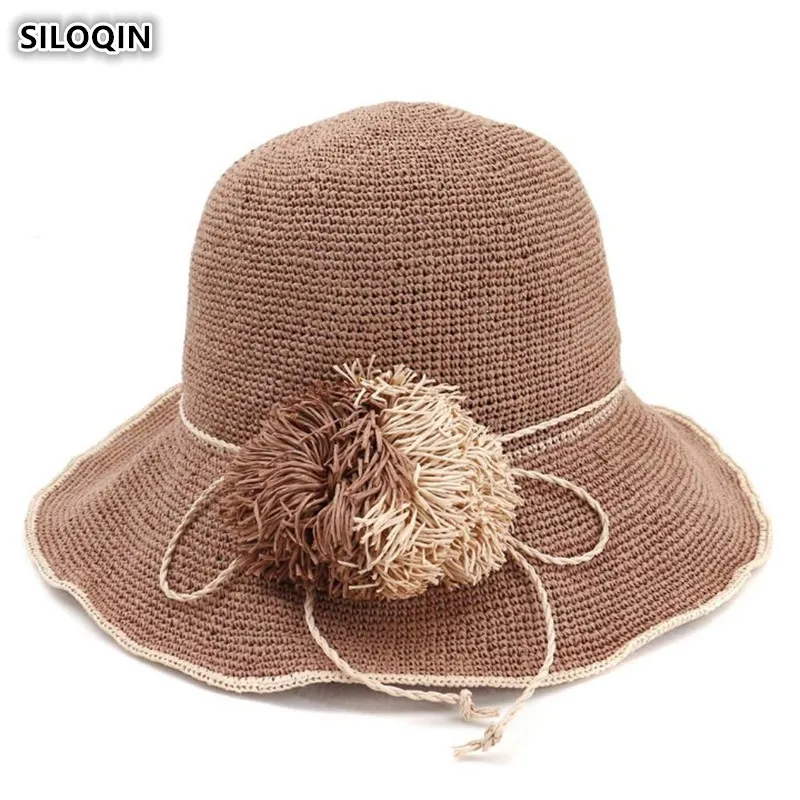 SILOQIN взрослых для женщин соломенная шляпа ручной работы трава плетеная корзина шляпа складная Корейский Японский Стиль Элегантные пляжные