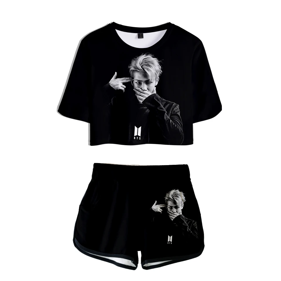 

LUCKYFRIDAYF 2018 Bangtan Boys Kpop 3D Summer Shorts And T-shirts Women Sets Hip Hop Crop Top RM/JIMIN Cool Casual Style2XL