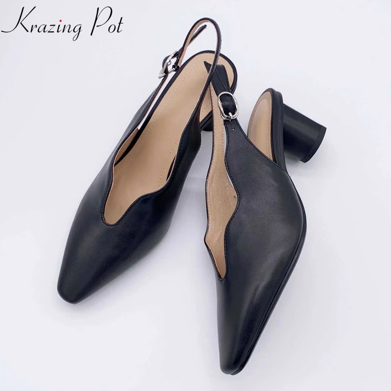 

Krazing Pot full grain leather round toe round high heels buckle party banquet web sensation superstar shallow summer pumps L81