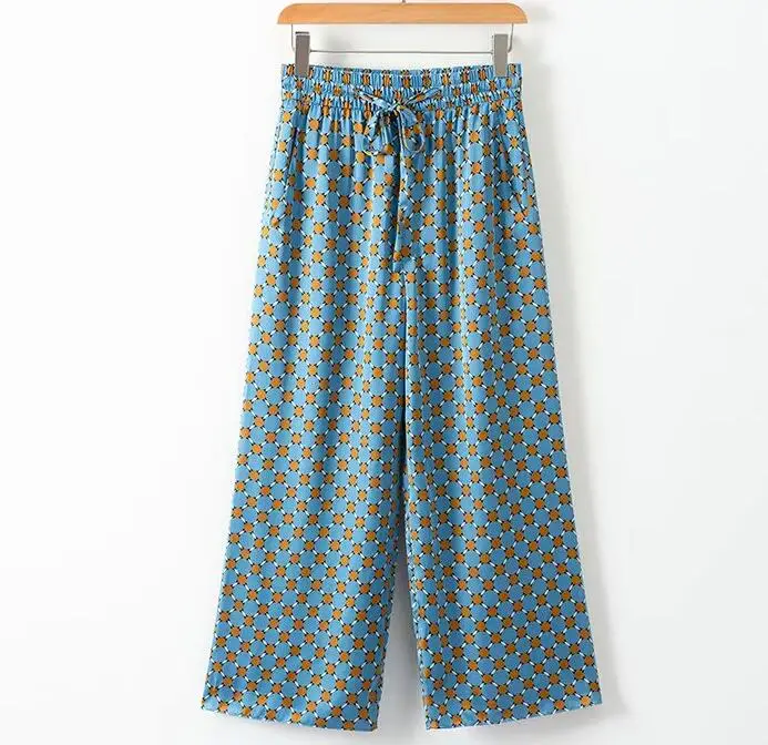 Ceny 2019 New Arrival niebieski nadruk Kimono kurtka z piór rękawy szerokie nogawki luźne Cuasal spodnie damskie ubrania vintage garnitury