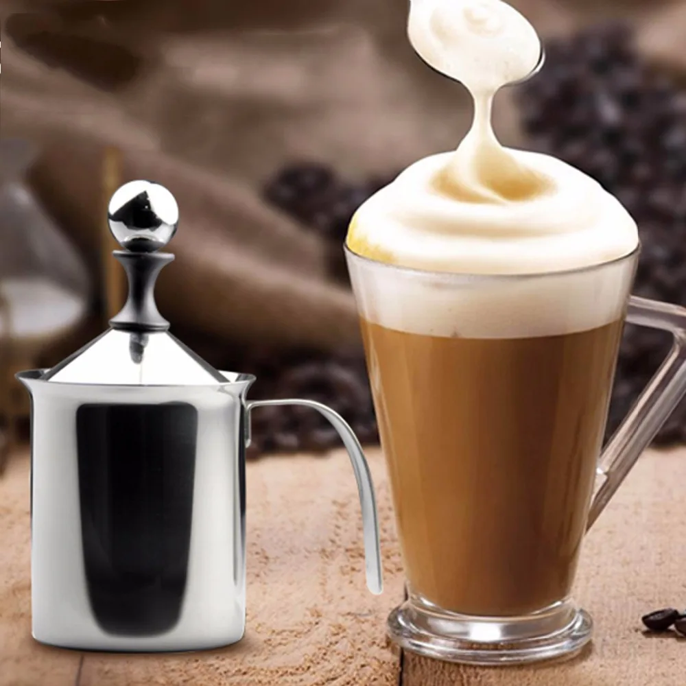 

Top Stainless Steel Pump Milk Frother Creamer Foam Cappuccino 400ML 800ML Coffee Double Mesh Froth Screen Silver