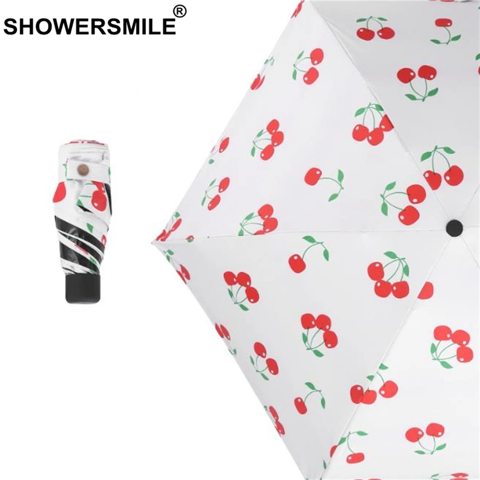 

SHOWERSMILE Mini Pocket Umbrella Woman Small Parasol Uv Protection Cherry Print Black Coating Folding Female Sun Rain Umbrella