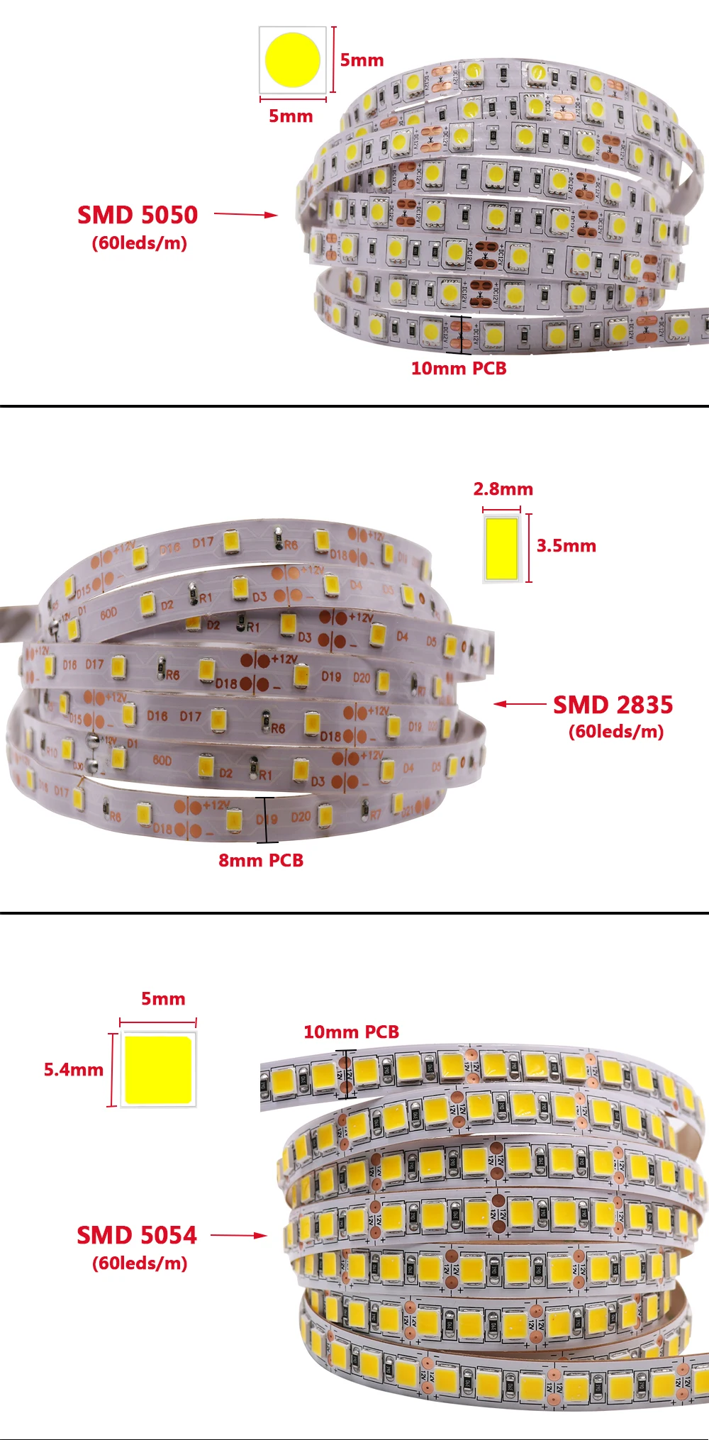 SMD 2835 5050 Светодиодная лента светильник 12В водить 60leds/M водонепроницаемый IP65 IP21 белый/теплый белый/RGB/белый/красный/синий/зеленый Гибкие веревки в полоску
