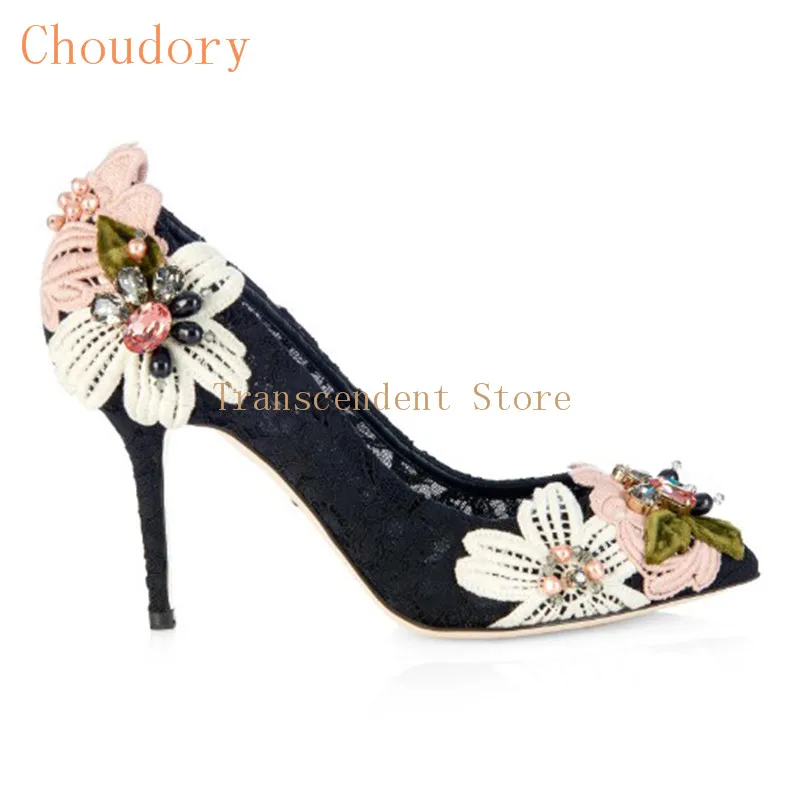 Choudory Fashion Flower Pointed Toe Women Pumps High Heel Sexy Design Mesh Pumps Summer Cool Slip On Lace Women Celebrity Shoes