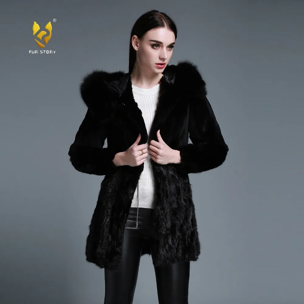 

Fur Story 15126 New Women's Rabbit Fur Coat Big Fox Fur Hood Trim Patches Real Mink Fur Hem Coat Female Jackets Especially