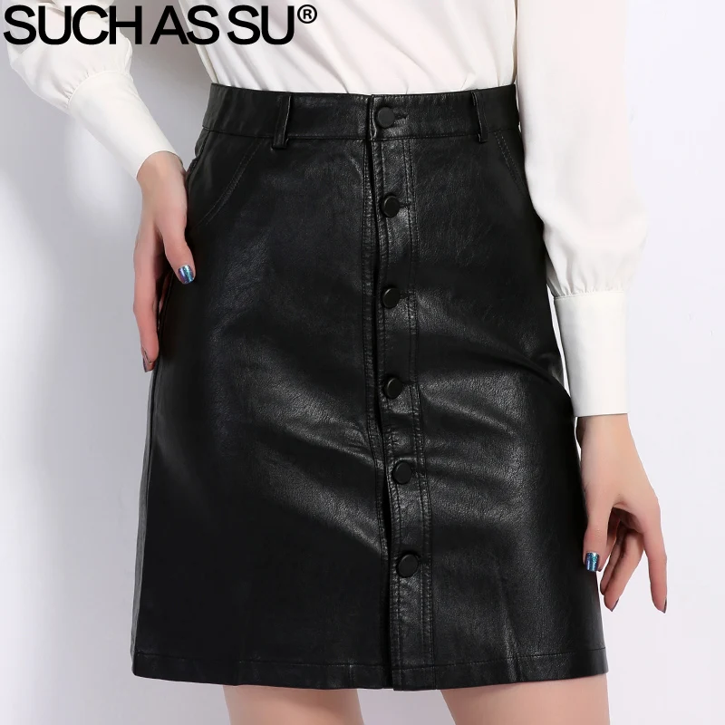 Goede Fall Winter Rokken Vrouwen 2018 Merk Knielange PU Lederen Rok SML XL XXL XXXL Plus Size single Breasted Zwarte Rok Vrouwelijke