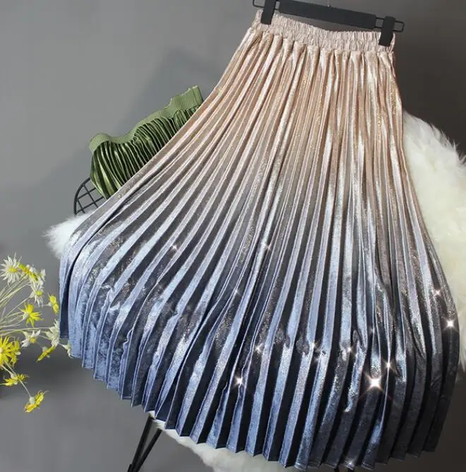 Градиентная шелковая бархатная юбка в складку Женская осенне-зимняя романтичная красивая юбка средней длины для девочек Студенческая Новая модная плиссированная юбка