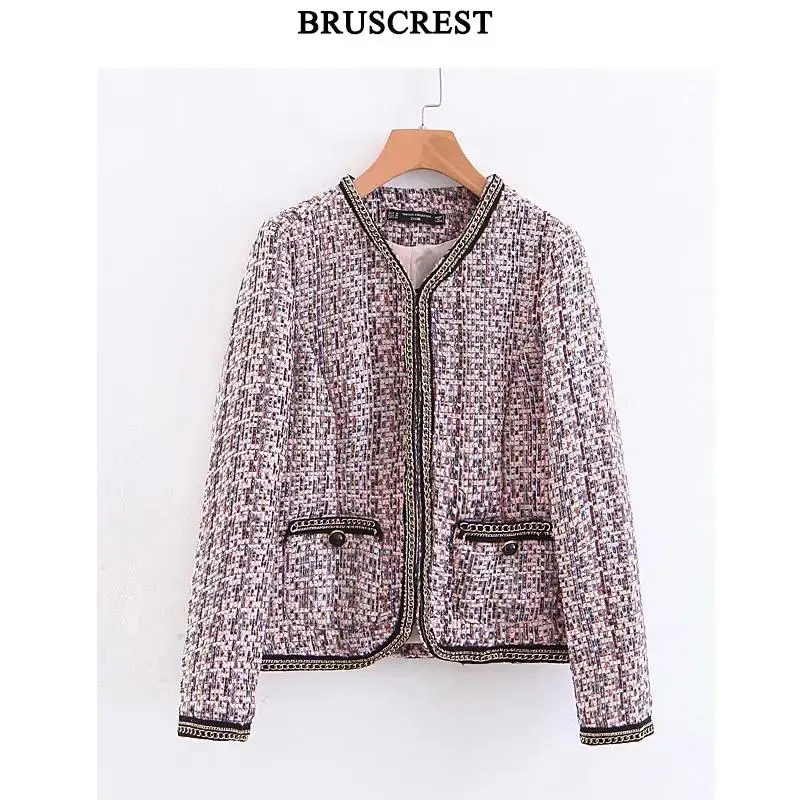 Elegant Plaid Tweed Blazer coat women Vintage long sleeve