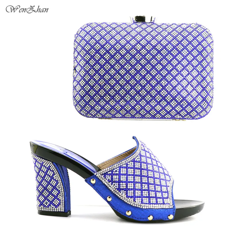 

Royalblue Color Matching Shoes and Bag Set Decorated With Crystal Nigerian Party Shoes and Bag Set 9CM Wenzhan shoes T711-29