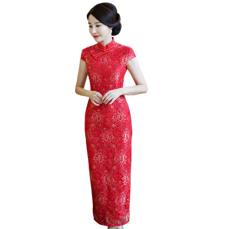 Qipao Cru De Dentelle La S3xl 2 Chinois Bleu Manches A Cheongsam