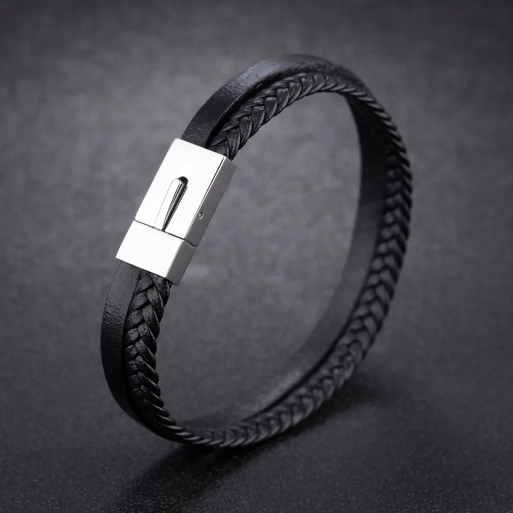 FATE LOVE Brand Men wrap bracelet bangles personalized man male boy black leather cowhide stainless steel metal Fashion Jewelry