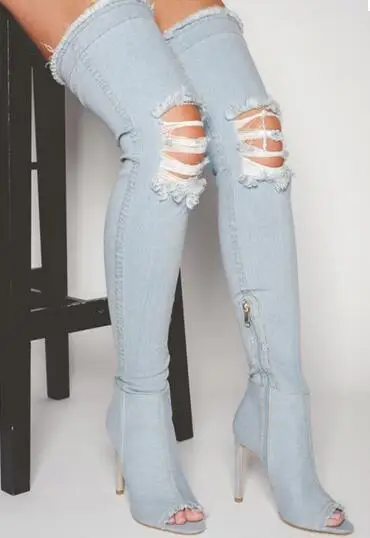 Hot Selling Brand Designer Blue Denim Ripped Thigh Boots Peep Toe Pleated Light Blue Denim Lycra Over the Knee Boot Large