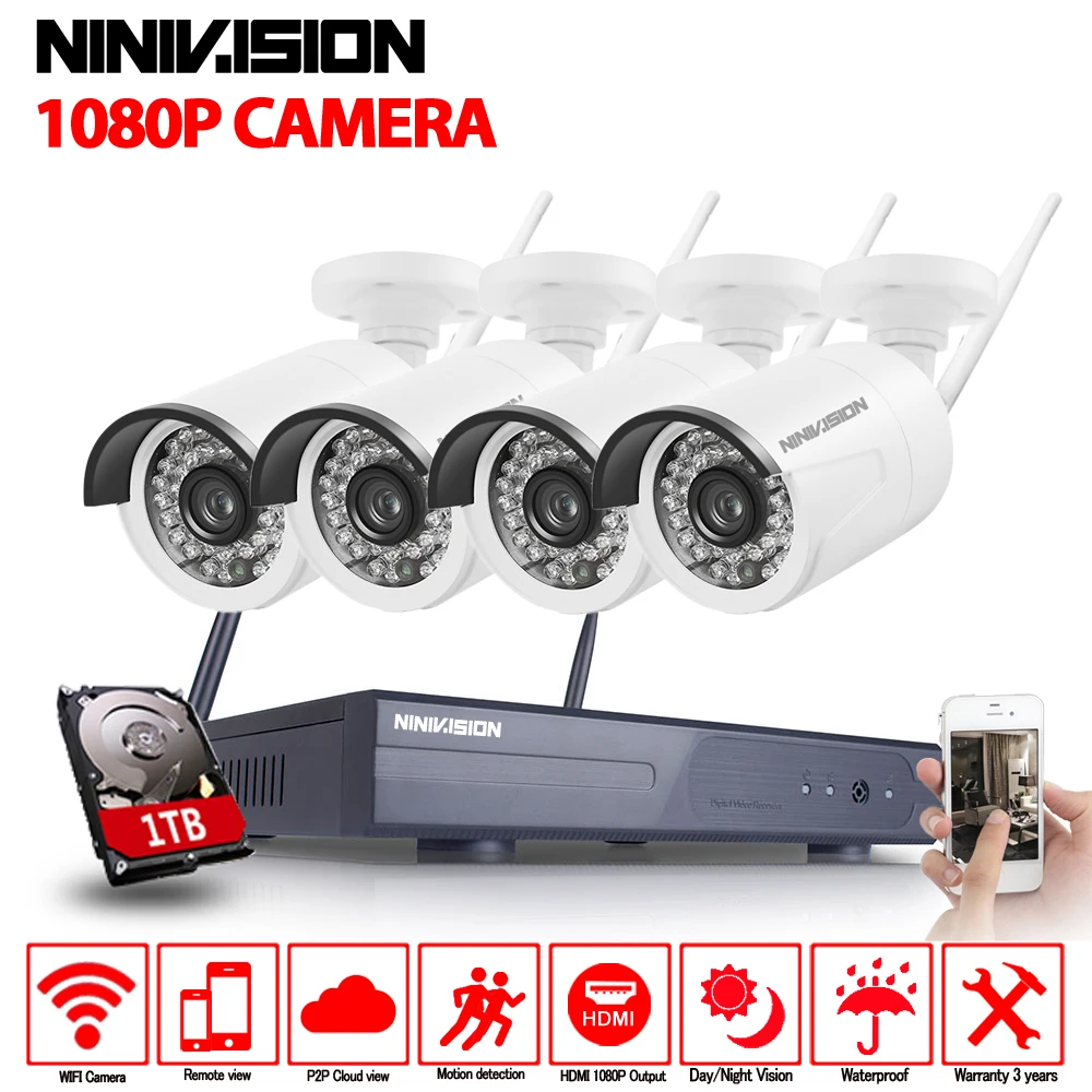 Ninivision 2.0mp Full HD WIFI CCTV Камера Системы комплект 4ch Беспроводной NVR комплект 1080 P Wi-Fi Беспроводной IP Камера безопасности наблюдения 1 т