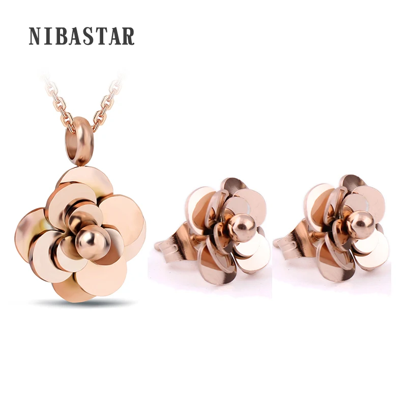 

Flower Pendant Necklace Earrings For Women Jewelry Sets Fashion 316L Stainless Steel Gold/Rose Gold Color Choker Necklaces