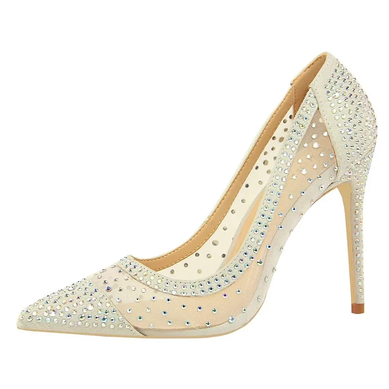 

ACILICI1904004 Personality Lady Silver Rhinestone Yarn Mesh Temperament Slender Heels Pumps with Pointy Single Shoes Female