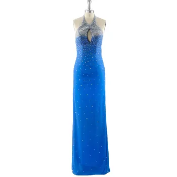

2019 Sexy Blue Halter Sleeveless Zipper Backless Floor-length Chiffon Crystal Detailing Formal Prom Dress Evening