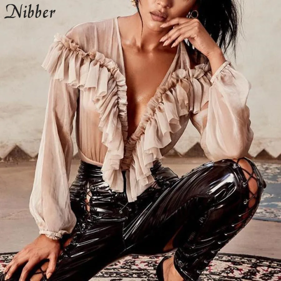 Nibber الربيع البرية أنيقة الأسود الكامل كم bodysuits2019hot الأزياء الفرنسية رومانسية الكشكشة مكتب السيدات عارضة مثير ارتداءها