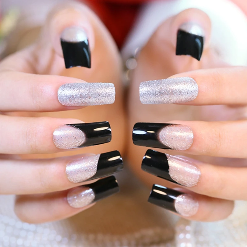 

24pcs Shimmer Glitter French False Nail Bling Long Silver Acrylic Nails Black Perfect for Party with Glue Sticker Z396