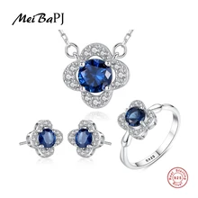MeiBaPJ пропитанные Сапфир с Шри-Ланки цветочный ювелирный набор Настоящее серебро 925 пробы серебряные висячие серьги кольцо для Для женщин