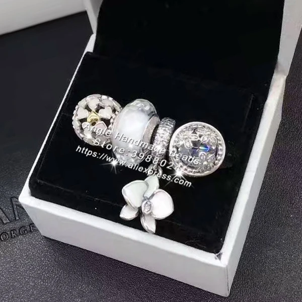

4pcs Fashion S925 Silver Whit Enamel Magnolia Cz Dangle Charms Bead Jewelry Set Fit Bracelet Necklaces Jewelry Making Woman Gift