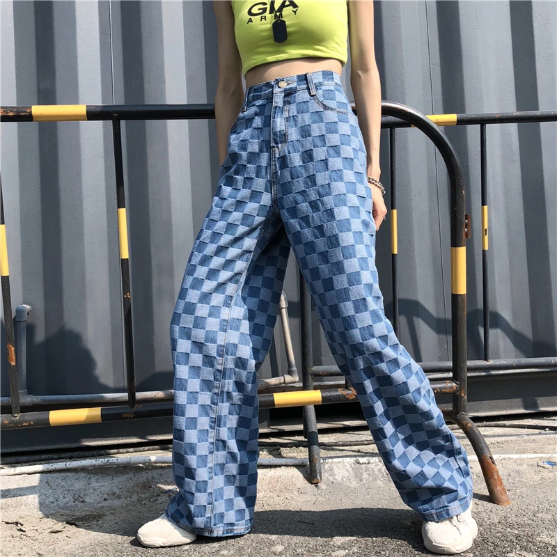 Woherb Jeans Woman Plaid Pants Hip Hop New Female Wide Leg Pants Fashion Harajuku BF Vintage High Waist Denim Pants 22706 - Цвет: blue