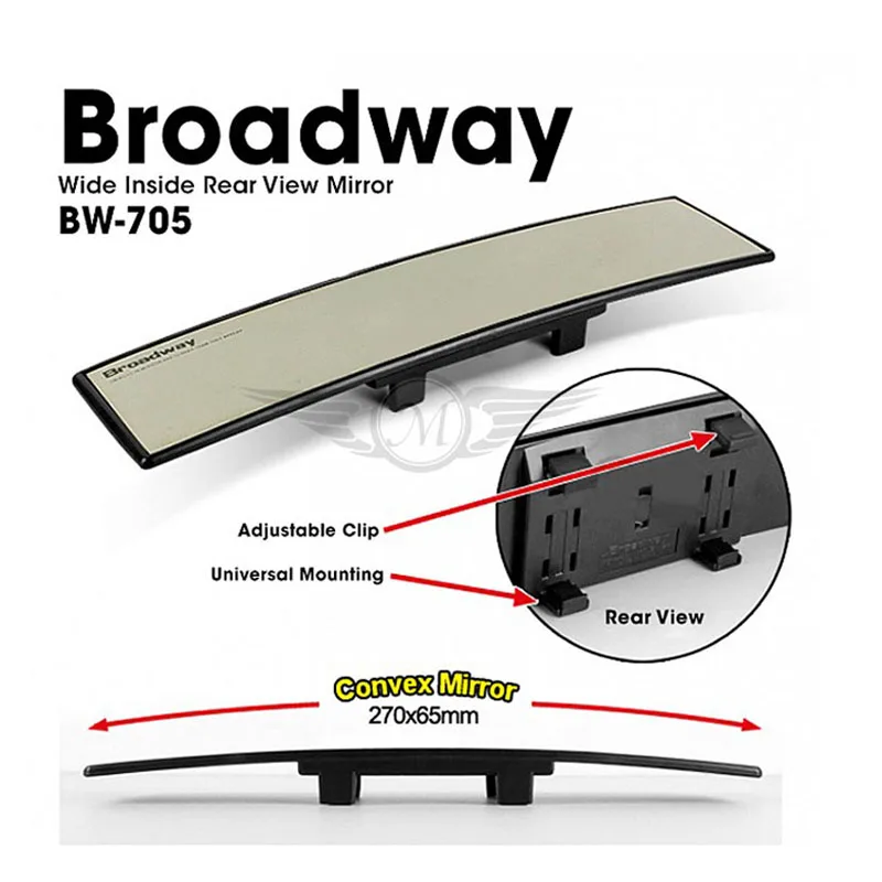 Broadway 270MM Wide Flat Interior Clip On Rear View Clear Mirror Universal 5