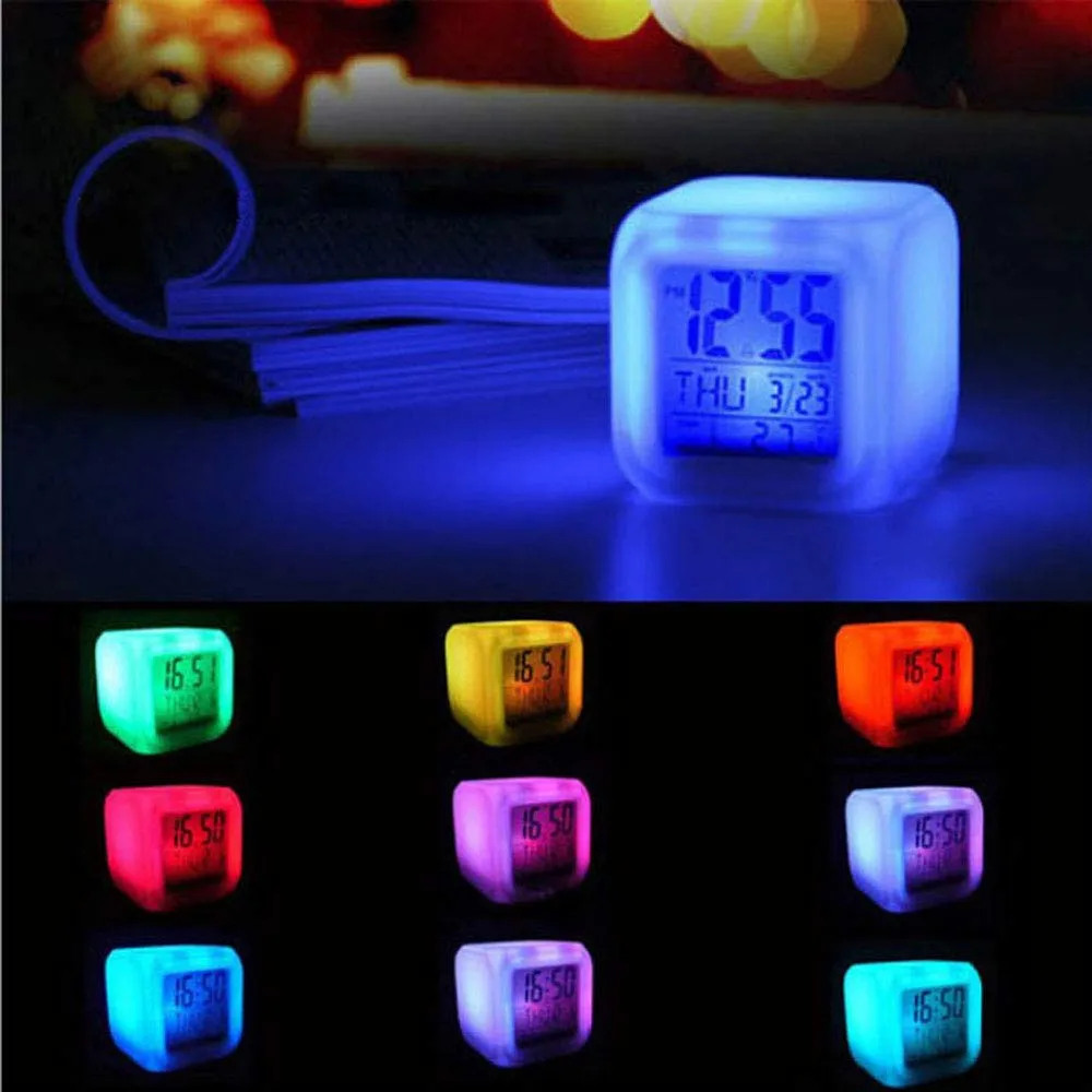 Креативный цифровой будильник, термометр, светящийся куб-ночник, 7 цветов, квадратная форма, часы, светодиодный, сменные настольные часы