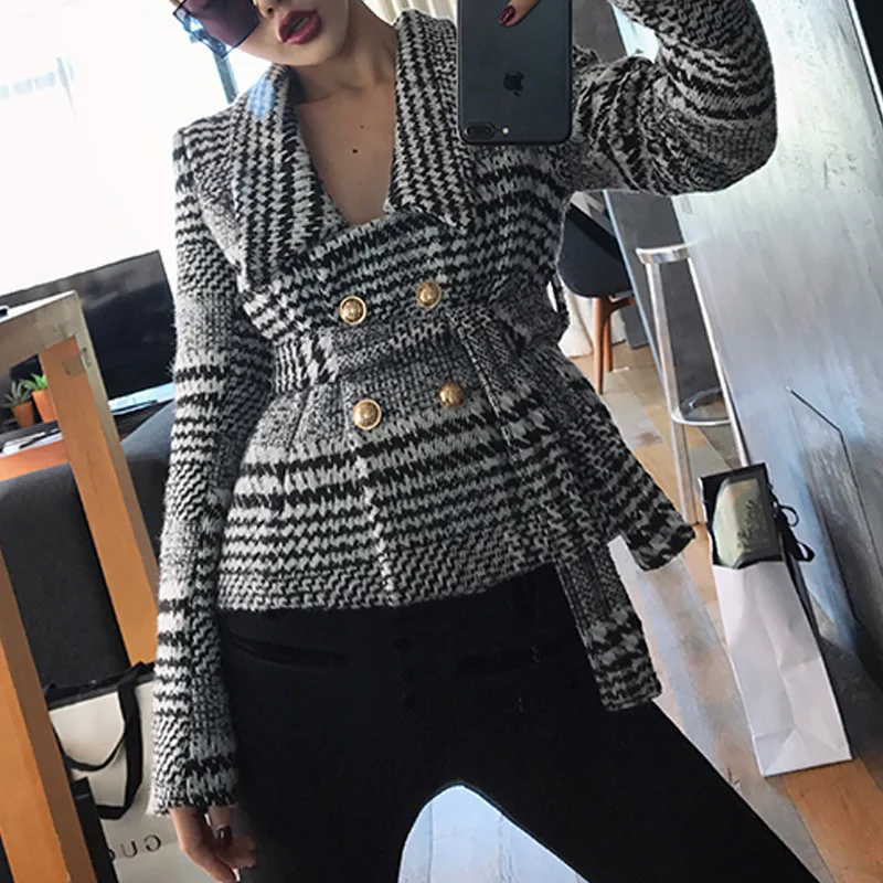 Women plaid notched collar tweed blazer double breasted pockets tassel hem female loose casual outwear chic tops Women plaid notched collar tweed blazer double breasted pockets tassel hem female loose casual outwear chic tops