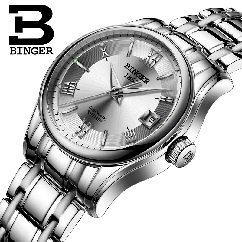 BINGER модные женские часы женские Лидирующий бренд Роскошный Сапфир спортивные автоматические механические часы женские серебряные водонепроницаемые часы - Цвет: Silver white