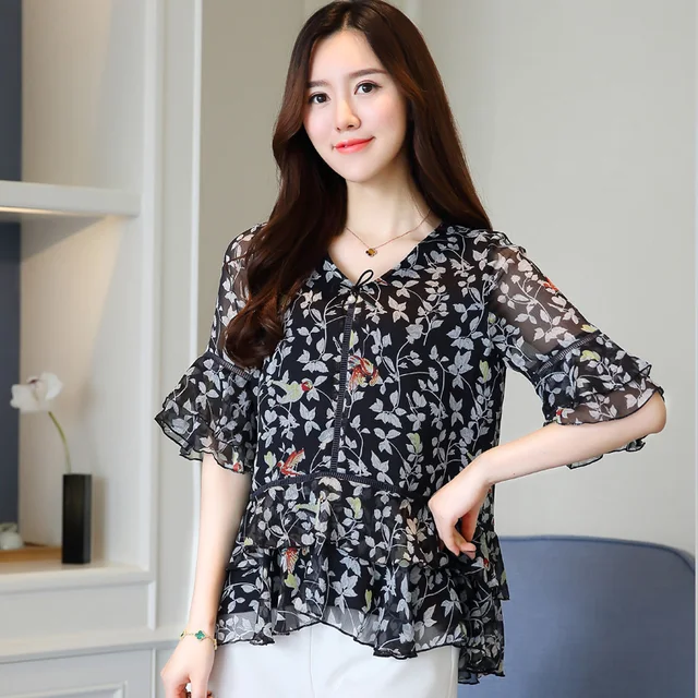 2017 Mujeres Del Verano blusas Europea Fashion Flower Printed Media Manga de la Con Volantes Cuello de La Blusa de Camisas Tops Elegantes Caliente 962i|blouse shirt|ruffle neck blouseneck blouse - AliExpress