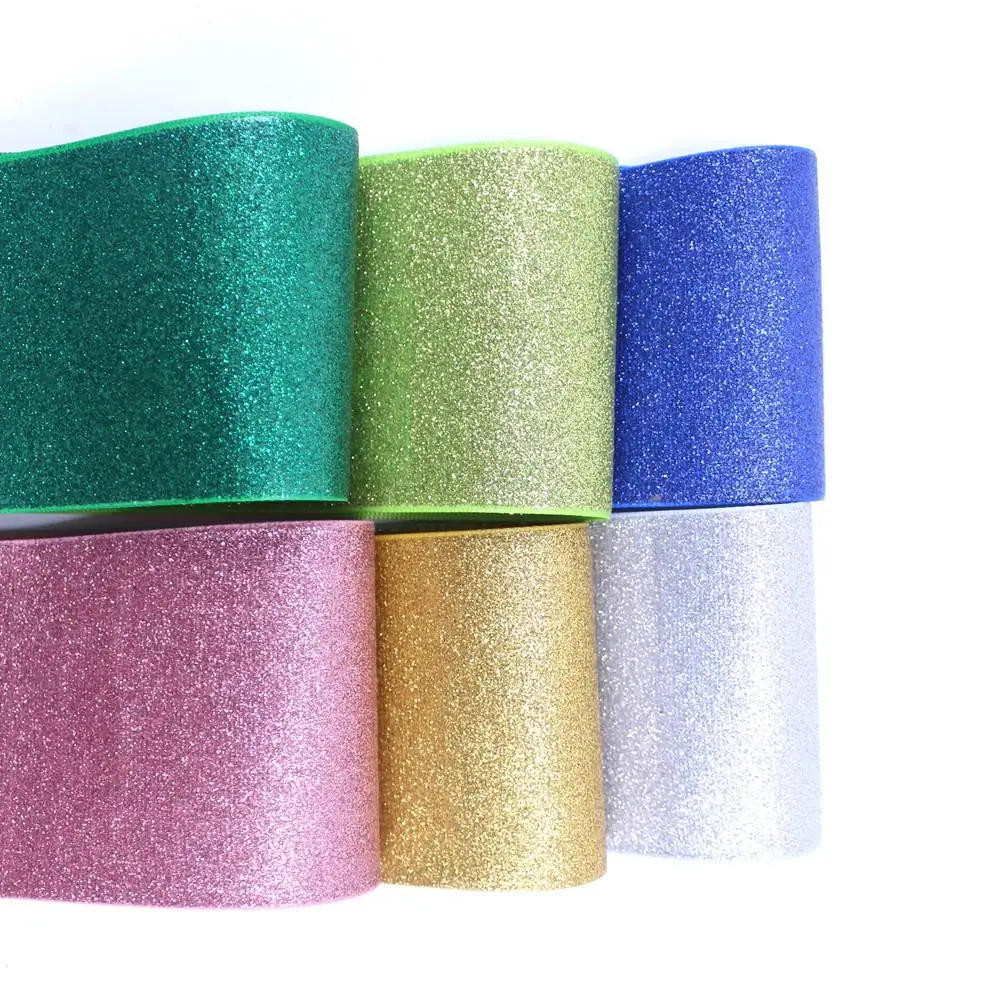 

10Yards 3" 75mm Colorful Sparkle Solid Color Glitter Printed Grosgrain Ribbon For Hair Bow