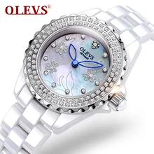 Fashion OLEVS Brand Luxury Crystal Ceramic Dial Women Watches Quartz 2017 silver rhinestone Exquisite gift Ladies Silver Clock